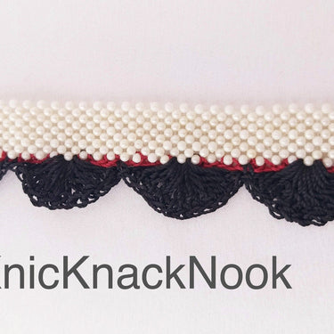 Fuchsia Pink / Black Crochet Trim With Off White Pearls, Scallop Trimming, Approx. 30mm wide